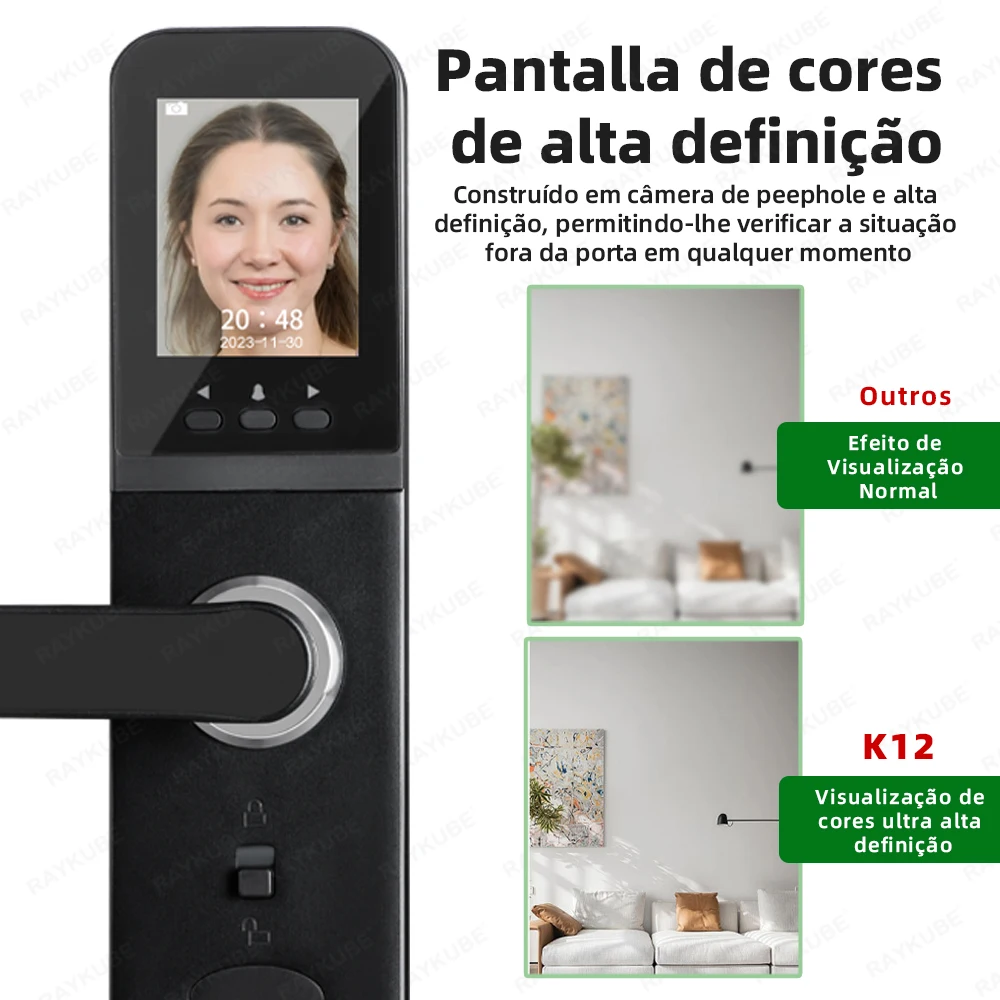 Fazer brasil raykube k12 tuya wifi câmera fechadura eletrônica 3d rosto impressão digital fechadura da porta inteligente com tela bateria