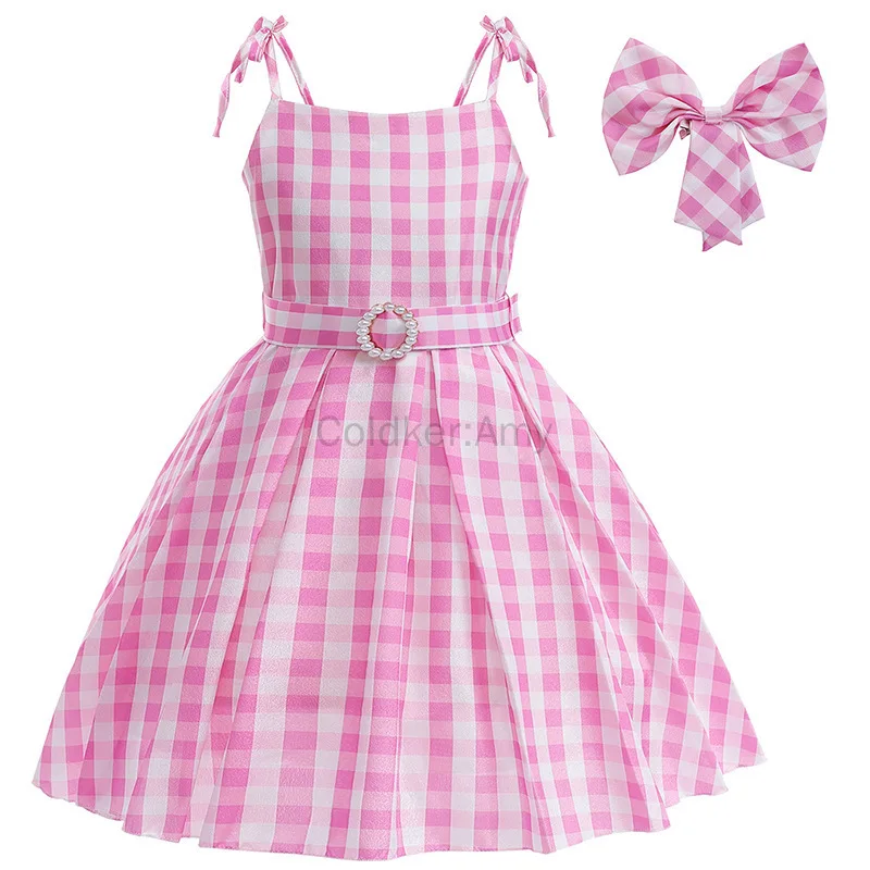 

Girls Pink Plaid Princess Costume Dress Movie Cosplay Dress Up Kids Birthday Party Halloween Outfits Chirstmas Gift for Girls