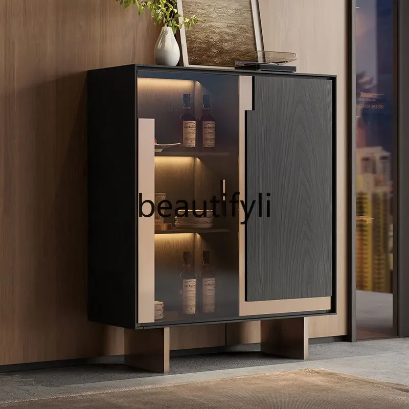 Modern simple side cabinet living room wall storage glass wine cabinet solid wood