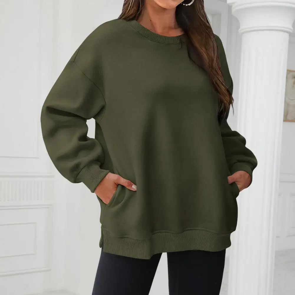 

Fall Winter Women Sweatshirt Thickened Plush Loose Sweatshirt Split Hem Pockets Pullover Mid Length Warm Sport Top