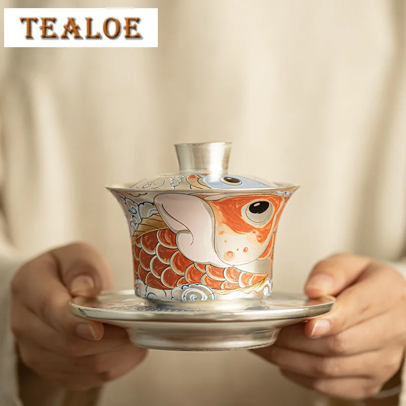 

150ml Gilt Silver Sancai Gaiwan Creative Auspicious Dragon Cover Bowl Retro Tea Tureen Tea Maker Cafes Gift Chinese Ornaments
