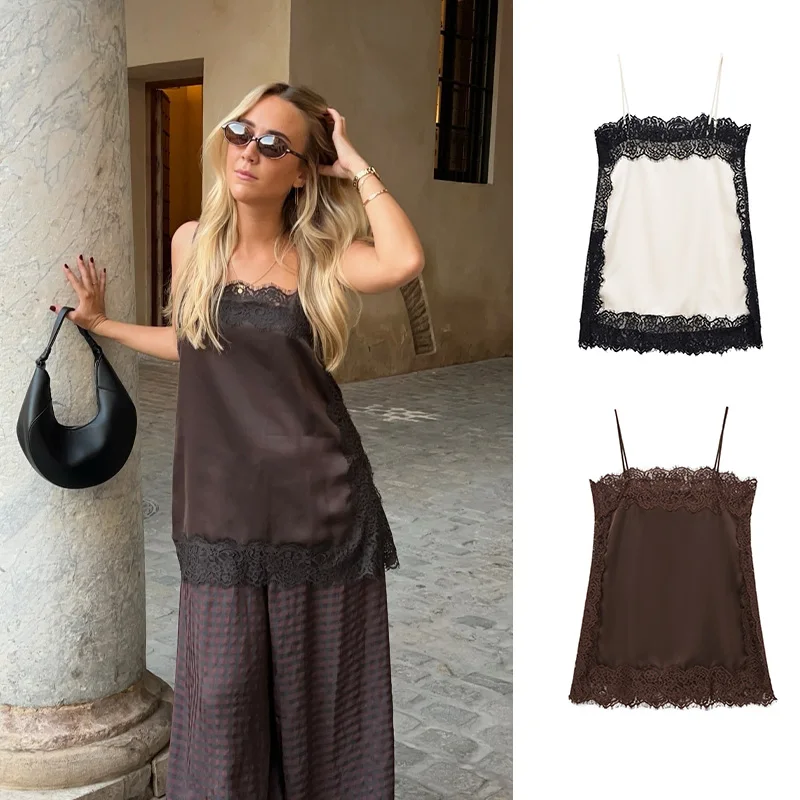 2025 صيف جديد امرأة الدانتيل كاميس أنيقة البني الصلبة أكمام عارية الذراعين المرأة الأشرطة الإناث مثير سليم بلوزات قصيرة خمر #1