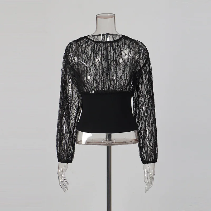 HKSH 2026 Spring Summer New Women T-shirt Sheer Mesh Patchwork Waist Cinching Slim Fit O-neck Long Sleeves Sexy Chic Top HK18931