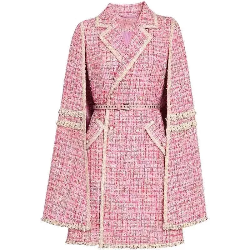 

Fashion Designer Autumn Winter Pink Tweed Outerwear Women's Turn-down Collar Sashes Cloak Coat