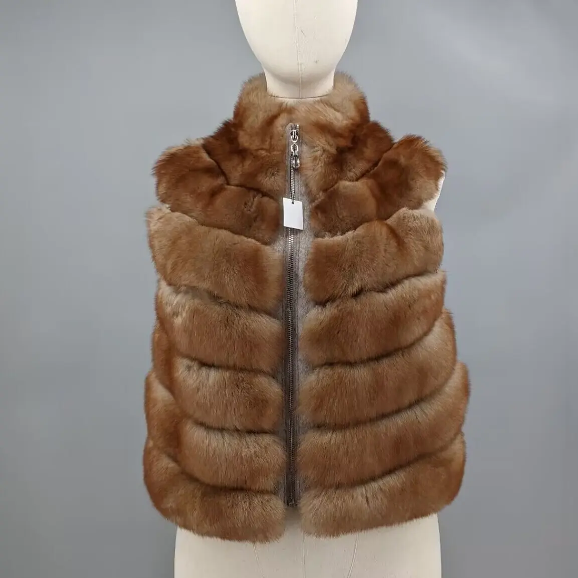 Women Sable Tone Brown Real Fox Fur Vest Stand Collar 100% Real Wool Fabric Back Fluffy Layering Gilet Winter Outerwear 25A0205