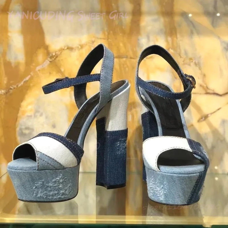 

Denim Gradient Blue Rag Patchwork Platform Sandals Women Open Buckle Pleated Chunky Heels Slingback Ankle Buckle Holiday Shoes