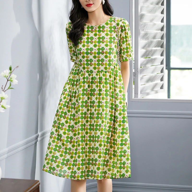 

2024 Summer Women's Green Dress A-line Short Sleeve Elegant Fashion Dresses For Women 100% Real Silk Woman Floral Print Dress