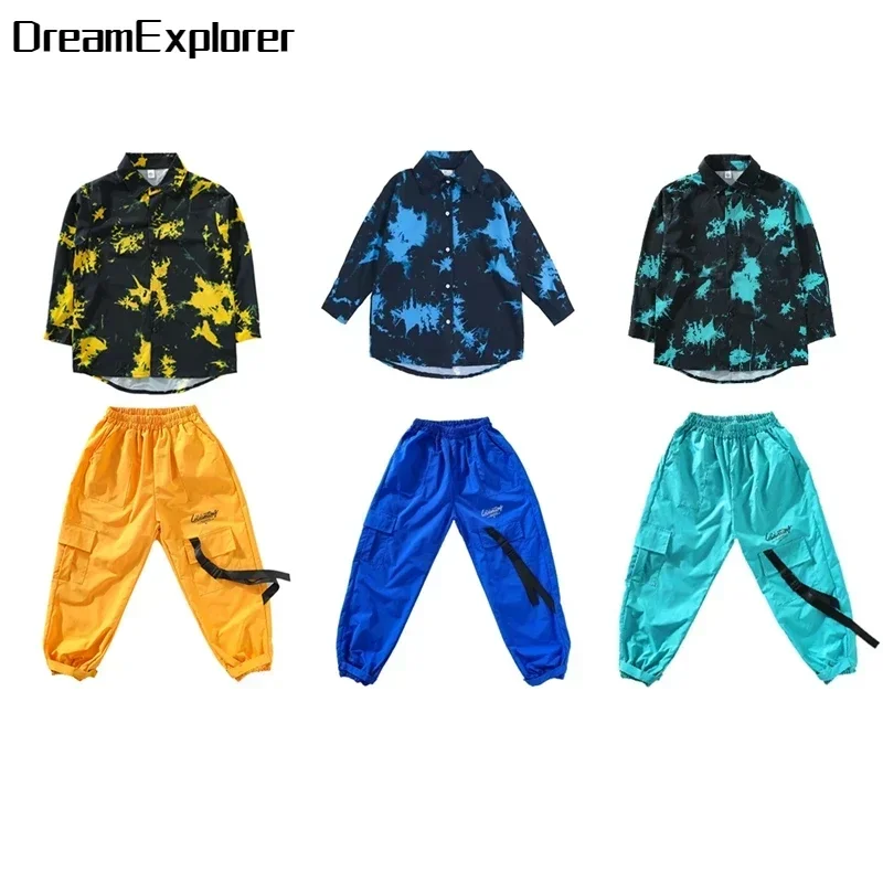 Boys Street Dance Long Sleeve Printed Shirt Vest Joggers Girls Hip Hop Blouse Child Cargo Pants Clothes Set Kids Jazz Streetwear