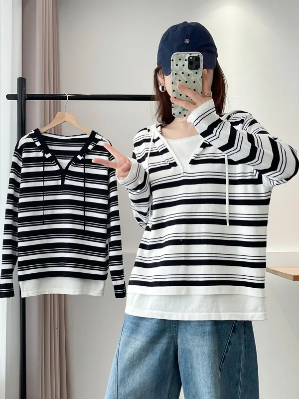 plus Size Autumn Knitted Long Sleeve Hooded Striped Color Block Slimming Loose Fit Half Zip Women's Sweater Korean Style Poly...