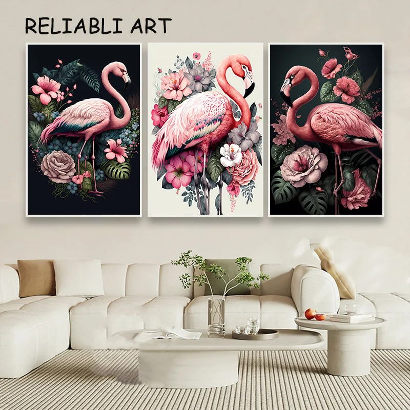 Nordic Style Flower Pink Flamingo Animal Poster and Print Modern Canvas Painting Wall Art for Living Room Home Decor No Frame