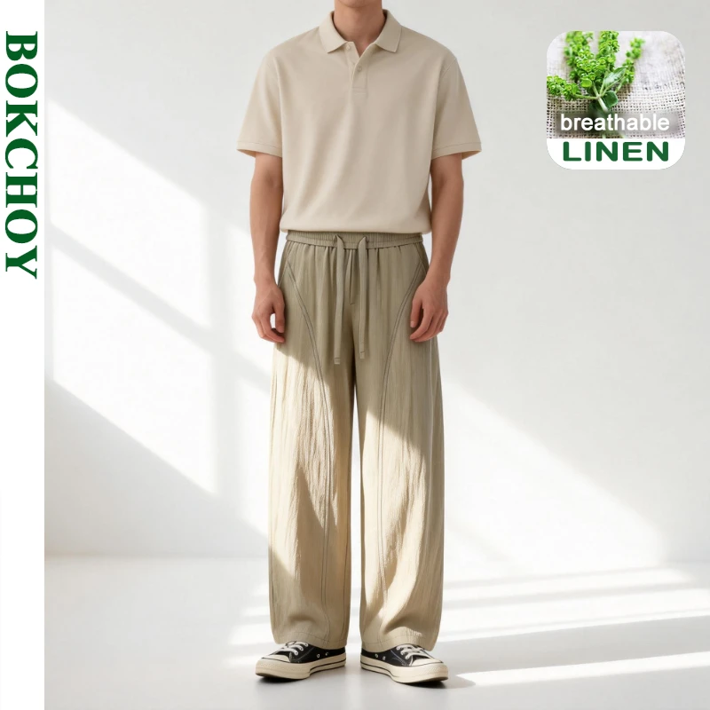 

2026 Spring Summer New Casual Thin Breathable Linen Straight Pants for Men Clothing Comfort Drawstring Male Trousers LX6040