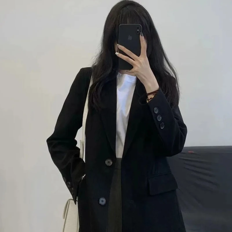 Blazer longgar wanita musim semi musim gugur 2023 kantor Korea Wanita setelan polos jaket mantel hitam pakaian kerja baru wanita