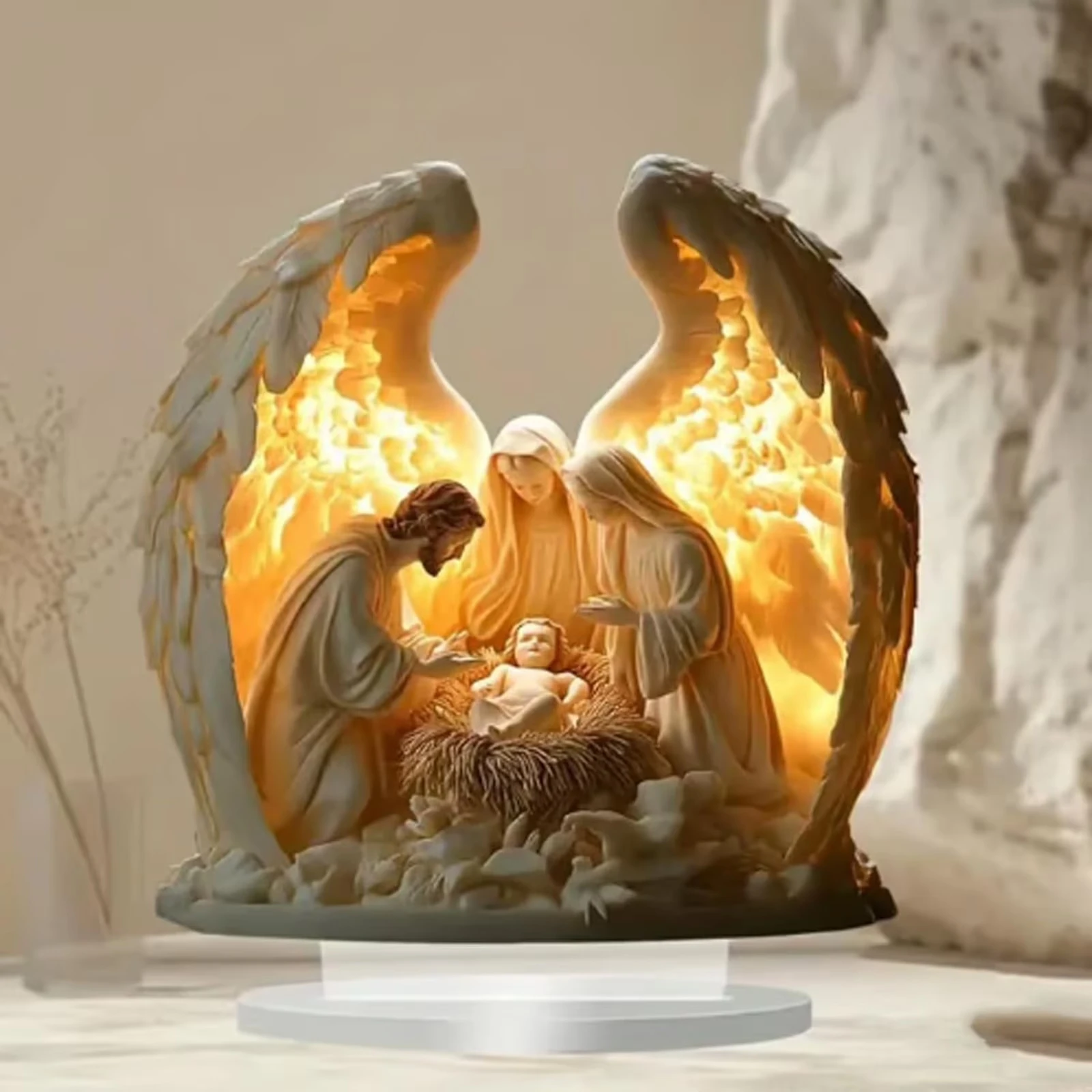 Illuminated Nativity Figurine Religious Angel Wing Framed Tabletop Ornament Festive Glowing Home Decoration