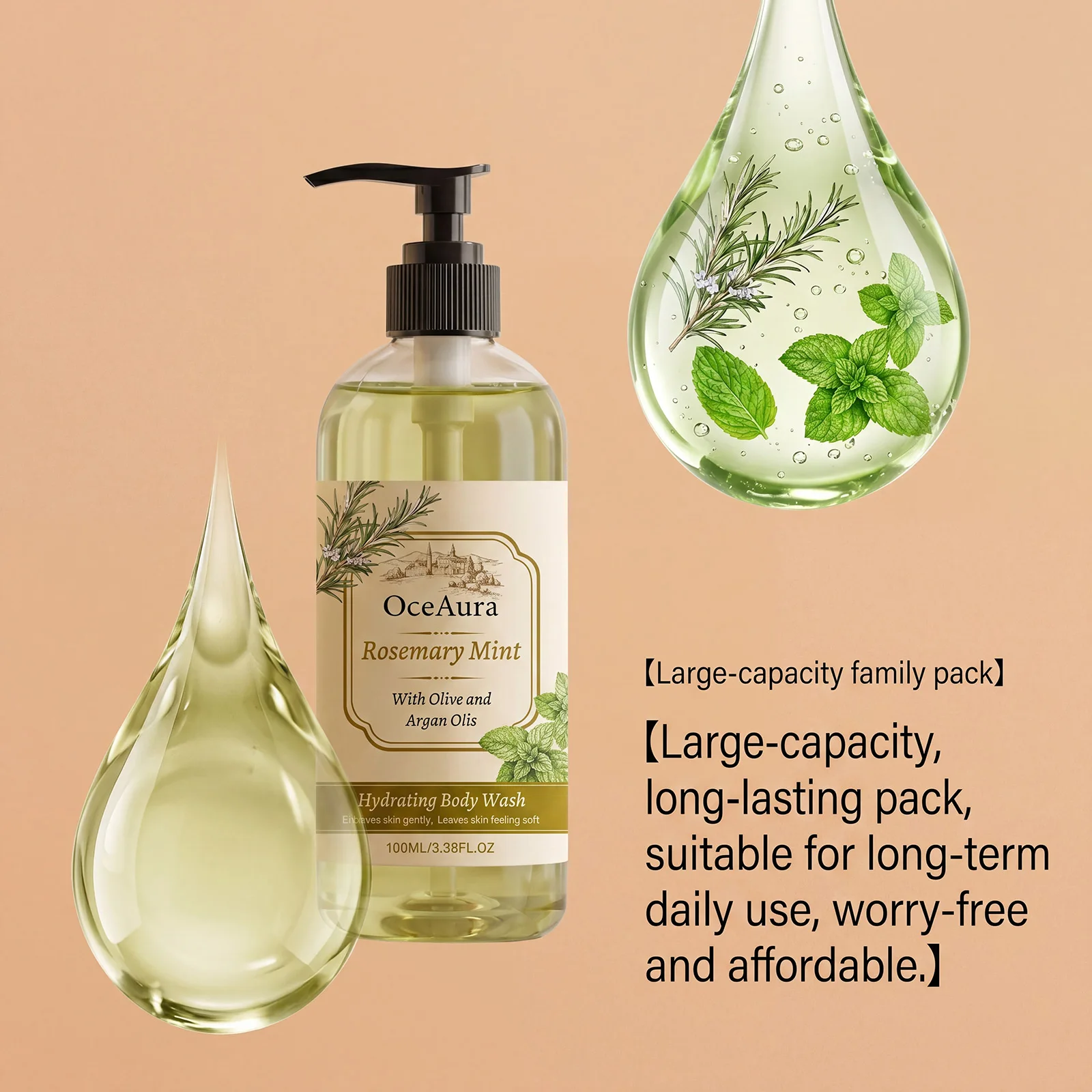 Oceaura Rosemary Mint Body Wash Gentle Hydrating Refreshing Quick Rinse For All Skin Types Travel Size Herbal Scent Shower Gel
