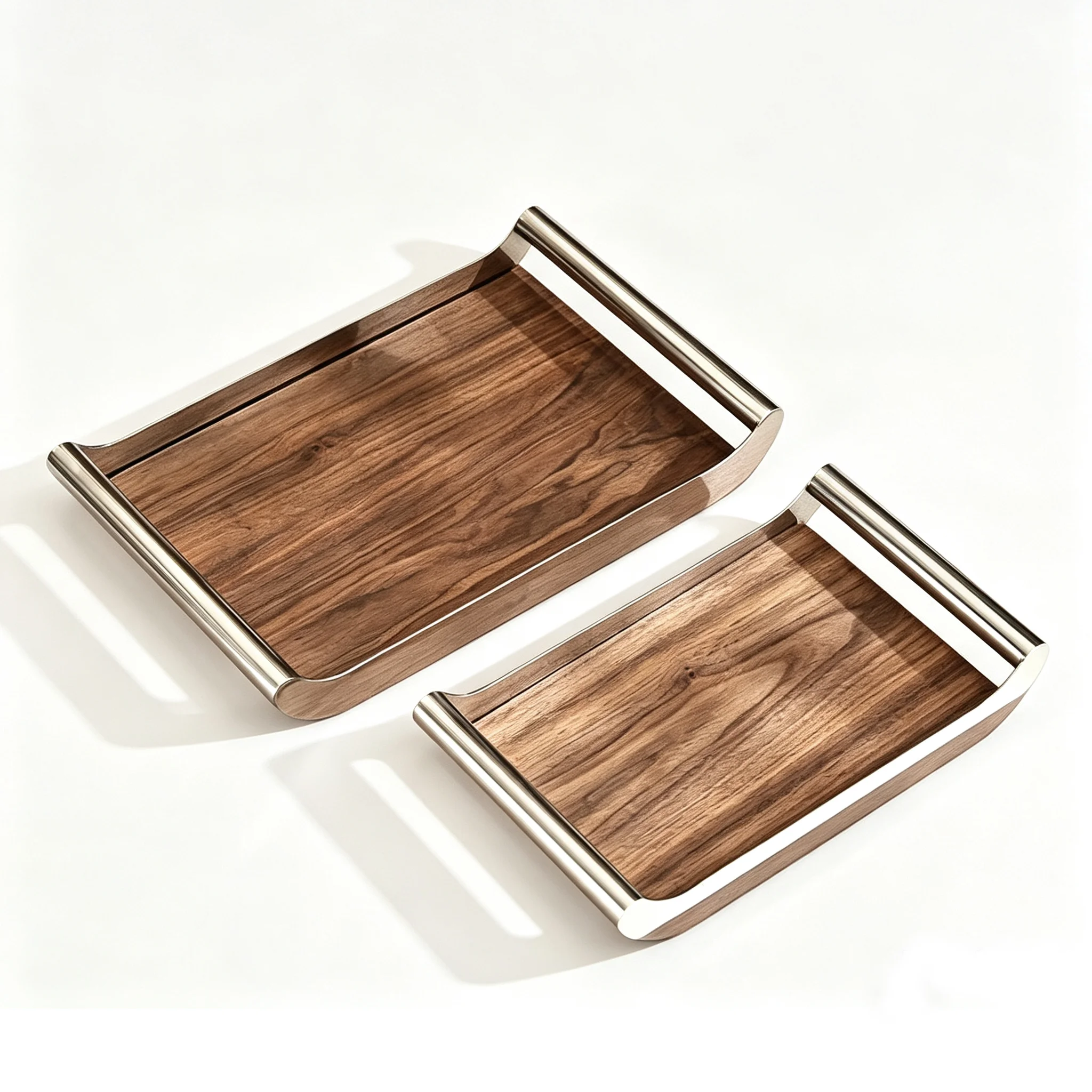 Plateau de service rectangulaire en bois de noyer rétro avec plateau en acier inoxydable, décor italien simple, pour aromathérapie, repas et ornement de maison