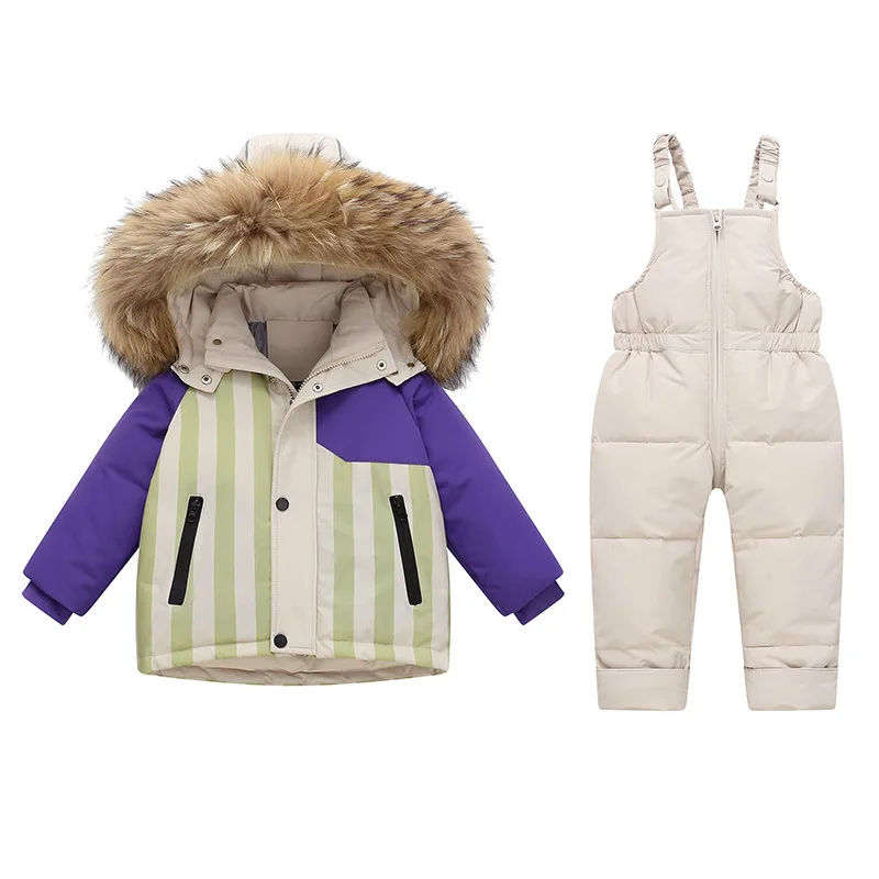 Winter Jackets Jumpsuit for Kids Girls Thick Warm Snowsuits Boy Duck Down Coat Fur Collar Outerwear Children Ski Suits Overalls