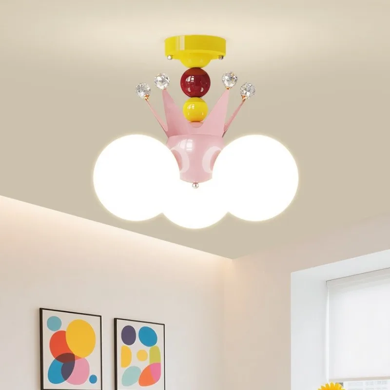 Cute Crown Shape Kids Ceiling Lights Colorful Metal Frame Crystal Accents Semi Flush Mount Lamp Child Bedroom Living Room Dining
