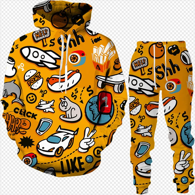 3D Cartoon Hand Drawn Graffiti Print Men\'s Hoodie Suit Casual Street Tracksuit Pants 2pcs Sets Personality Kid Sweatshirt Outfit