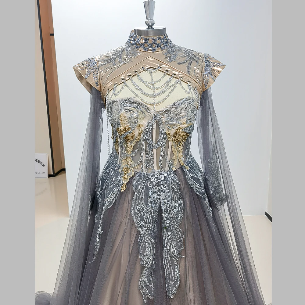 Real Image Bespoke Evening Dress Appliques Sequined Long Sleeve Chapel Train Special Occasion Women Cosplay Formal Prom Gown