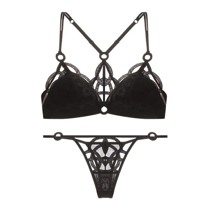 French Sexy Backless Lingerie Lace Ultra Thin Bra Set for Women Summer Triangle Soft Cup Mesh Breathable Brassiere and Thong Set