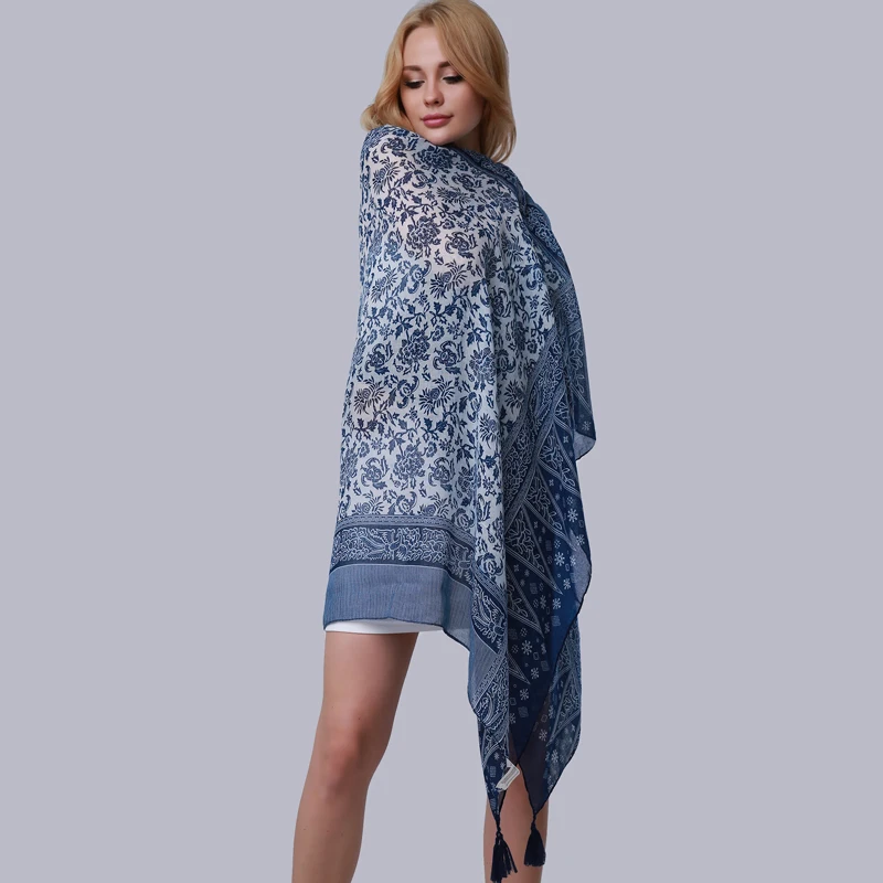 Summer Pashmina Scarf Women Long Shawl Printed Sexy Beach Cover Up Female Navy Blue Scarves 175*100cm