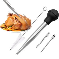 BBQ Meat Syringe Marinade Injector Turkey Chicken Syringe with Stainless Steel Needles Brush Sauce Injection Kitchen Tools