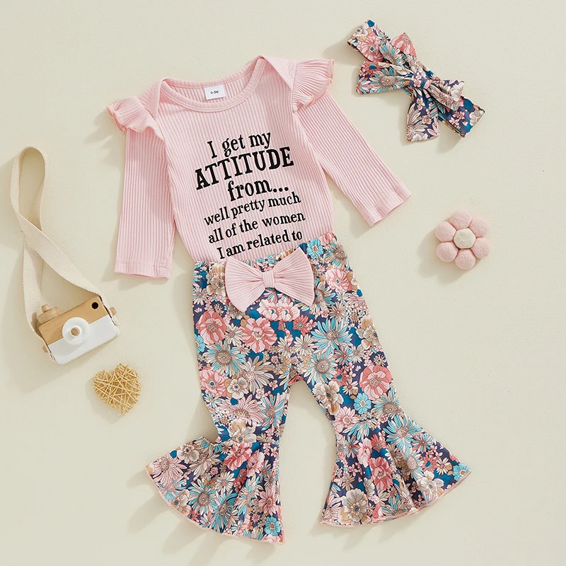 Baby Clothing Girl Autumn Fall Outfit Letter Print Long Sleeve Ribbed Romper Flower Flare Pants Tie Headband Clothes Set