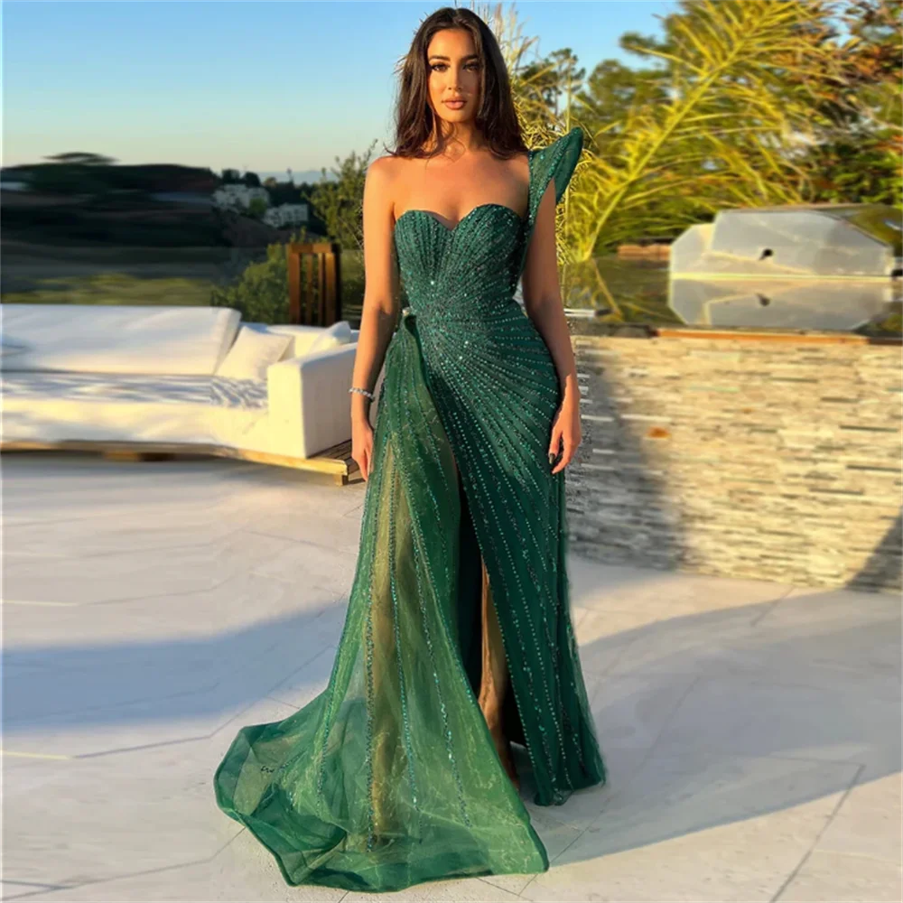 

Green Mermaid Emerald One Shoulder Evening Dresses for Women Wedding Party High Slit Long Prom Formal Gowns