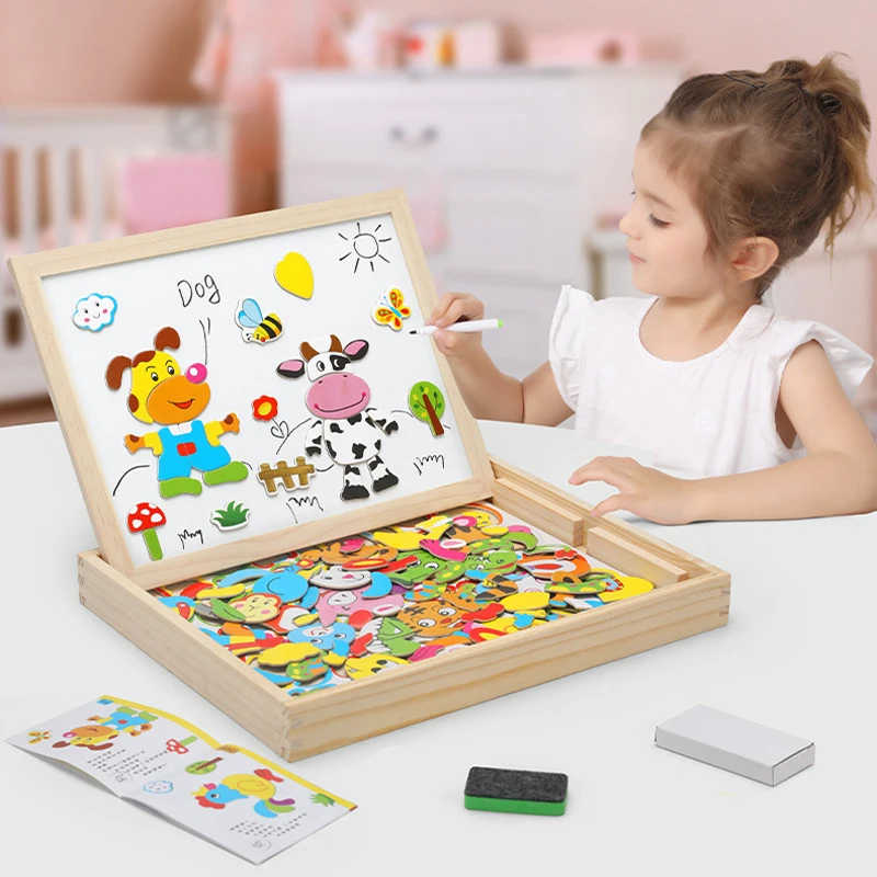

Wooden Multifunction Magnetic Drawing Board Learning Educational Puzzle Toy Kid 3D Writing Board Children Jigsaw Blackboard Gift