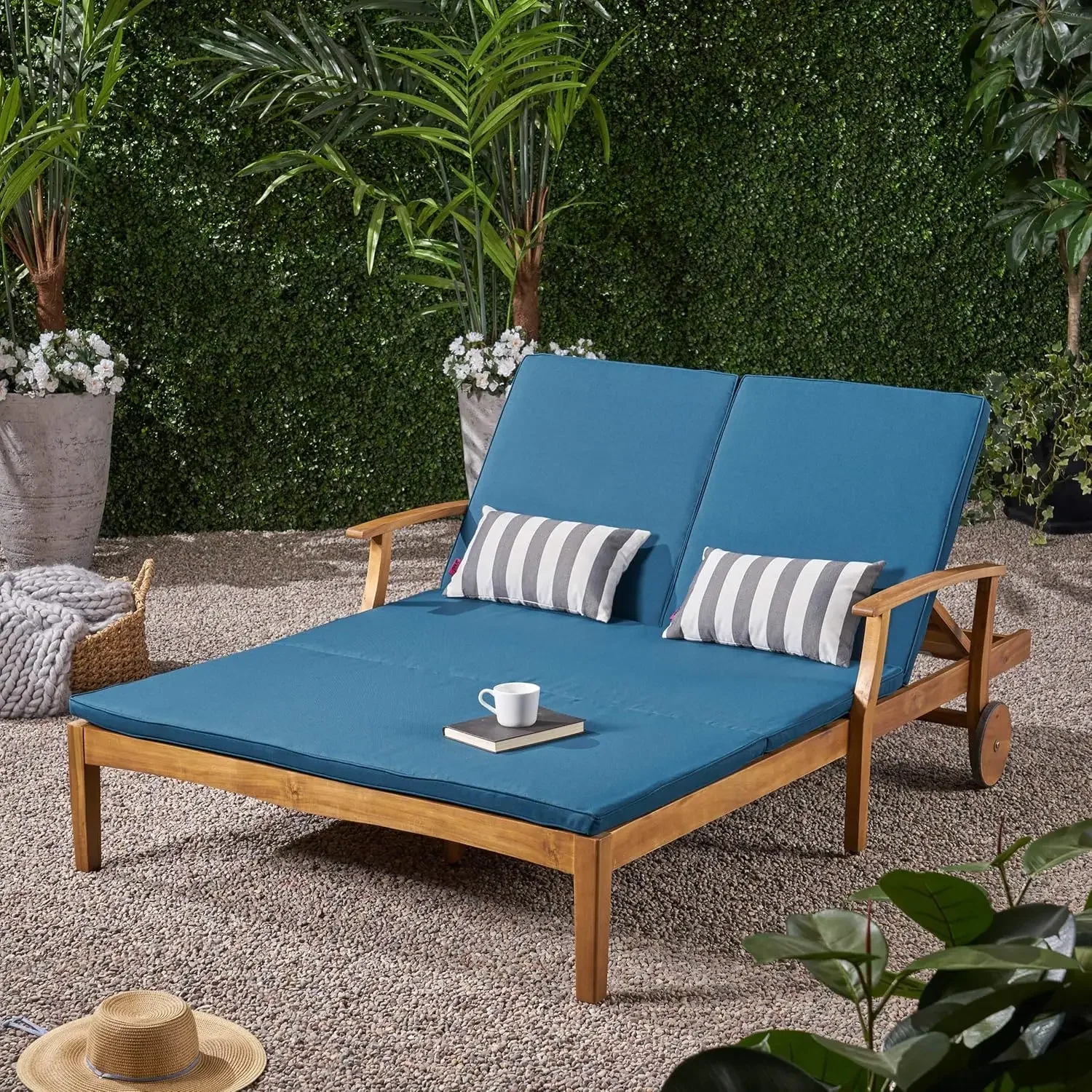 Double Chaise Lounge for Yard and Patio, Acacia Wood Frame, Teak Finish with Blue Cushions