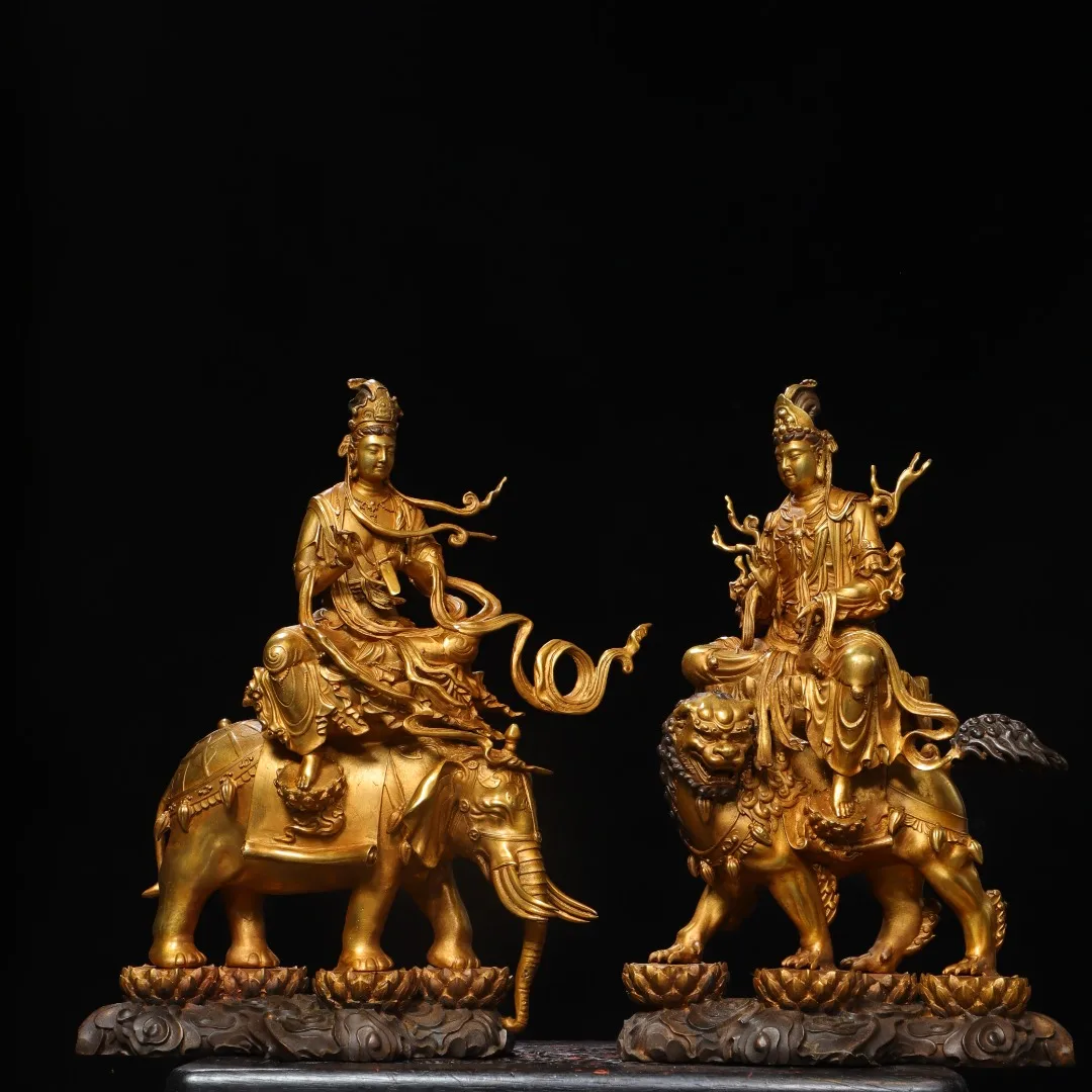 16"Old Bronze Gilded Cinnabar Backlight Manjushri Samantabhadra Bodhisattva Sitting Buddha mount Amitabha Worship Hall