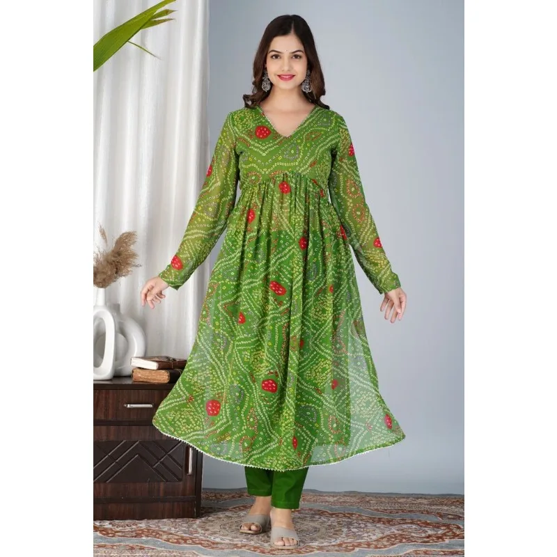 New Arrival Jaipuri Bandhni Print Green Color Straight Salwar Suit Kurti Dress