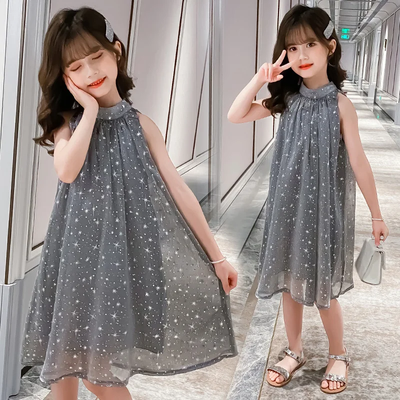 

Star Grey Girl's Dress Sleeveless 2022 Factory New Summer Children's Holiday Long Dress Breathable Sleeveless White Baby's Dress