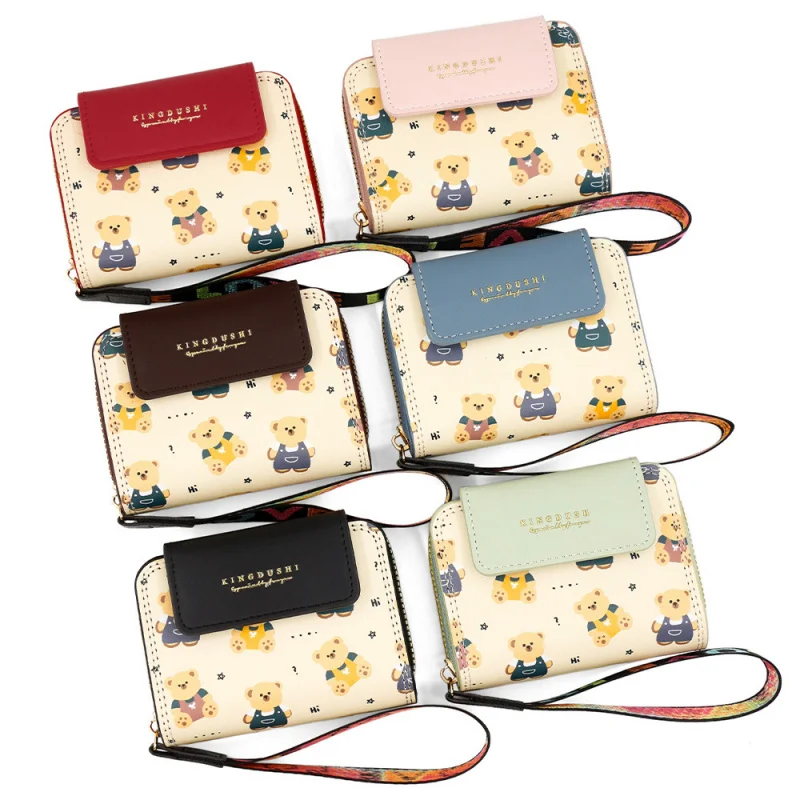 نمط جديد المرأة حامل بطاقة قصيرة كتلة ألوان فريدة من نوعها صغيرة قابلة للطي متعددة فتحة للبطاقات لطيف الدب سستة محفظة نسائية للعملات المعدنية #2