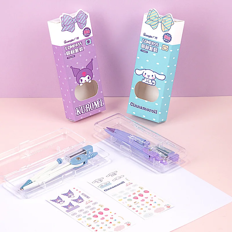 Kawaii Sanrio Anime Hobby Kuromi Cinnamoroll Cartoon Compasses Two-Piece Set Student Stationery Multifunctional Metal Compasses