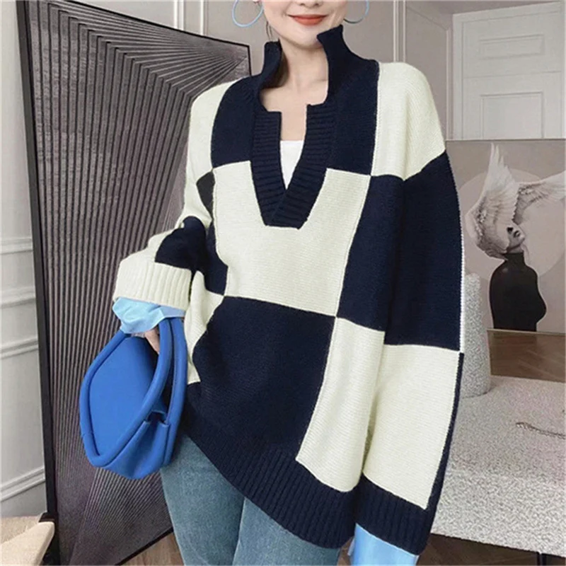 

Y2K Contrast Color Knitted Sweater for Women Korean Street Wear Plaid Pullover Autumn Winter Retro High Street Loose Casual Tops