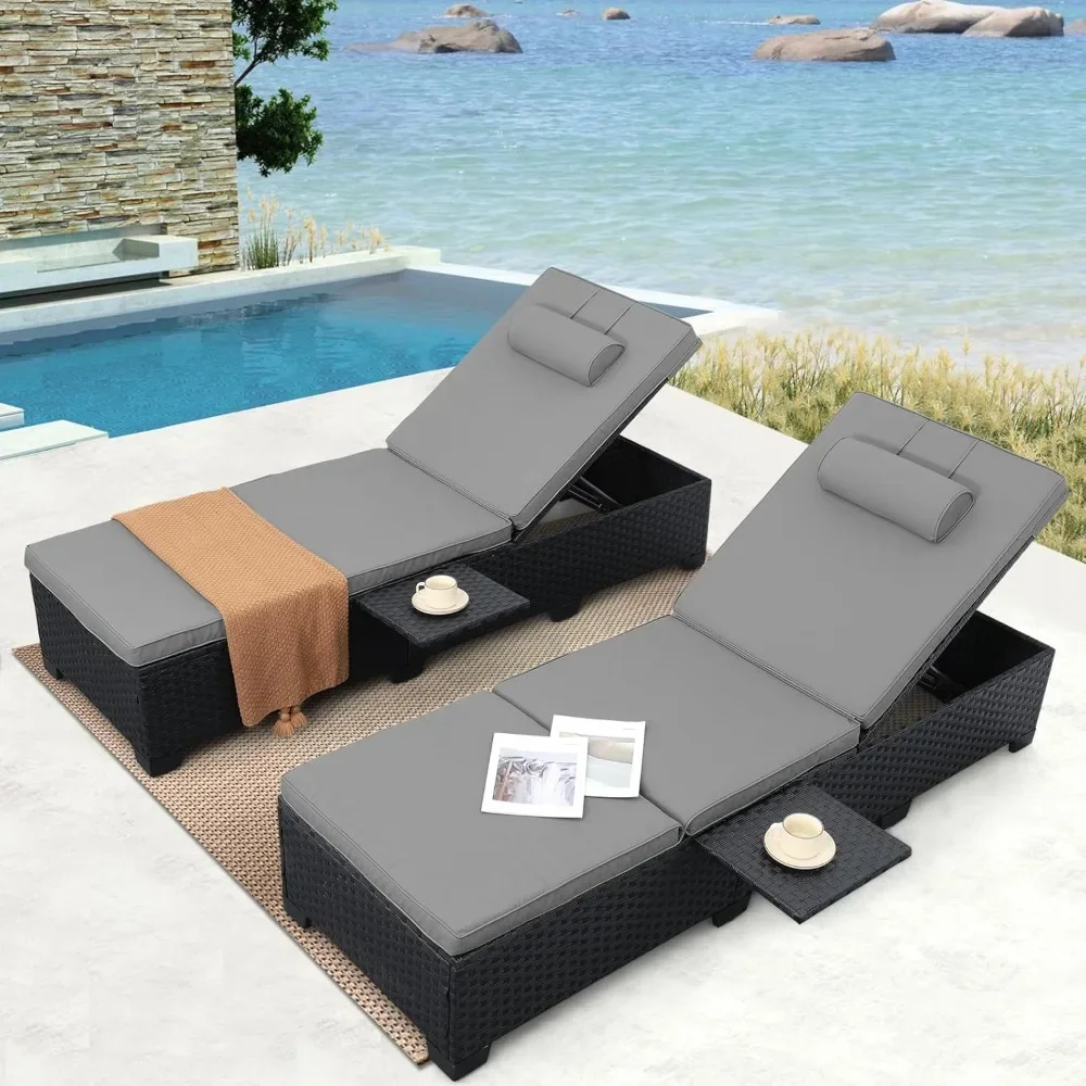 Wicker Reclining Chaise Lounge Chairs for Patio, Black Rattan Sunbathing Furniture Set