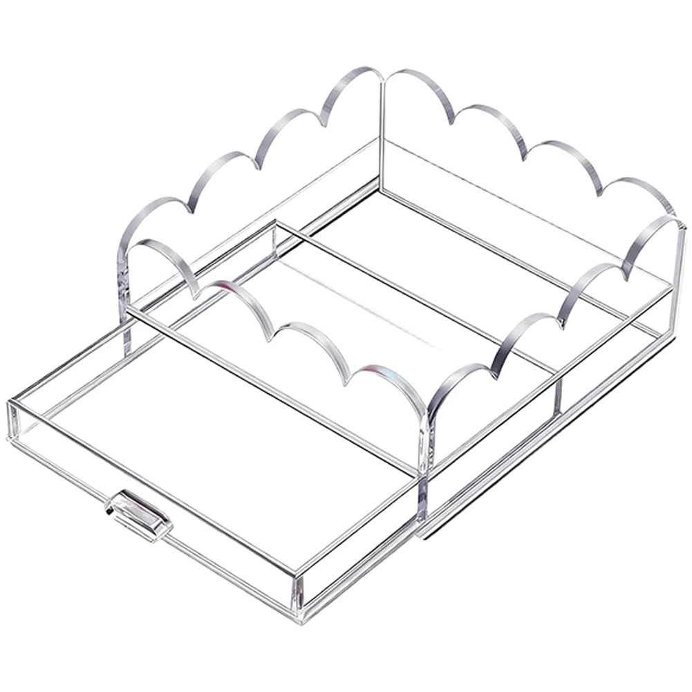 Wave Style Acrylic Tray with Elegant Scalloped Border and Convenient Slide Out Compartment for Jewelry Storage 5x5x2in