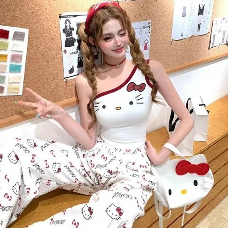 

Sanrio Hello Kitty New Anime Fashion Short sexy Tops set Summer Cute Tees Cartoon Printed High Street Gothic Short Strap top set