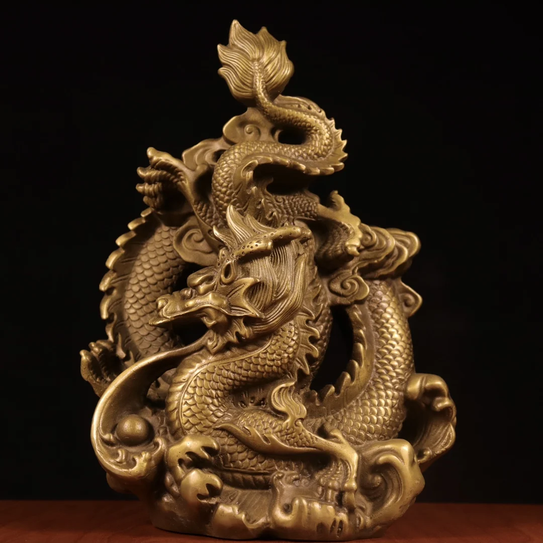 

11"Tibetan Temple Collection Old Bronze Brass Dragon God Beast Statue Auspicious Dragon Amass wealth Ornaments Town house