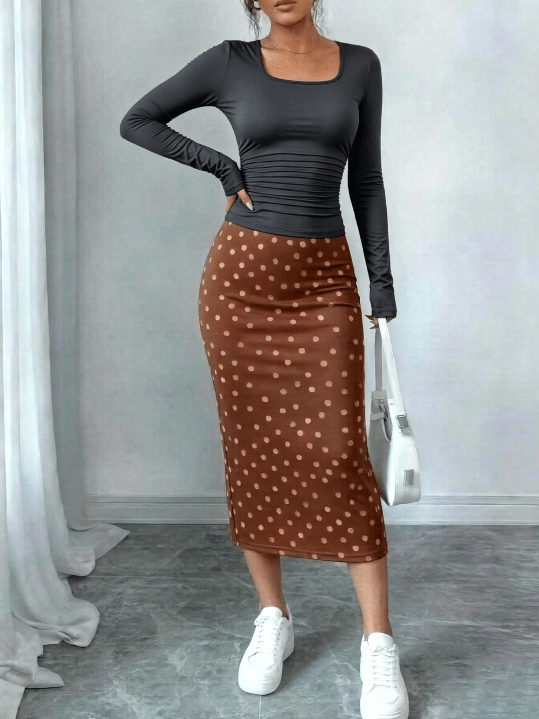 Women's Casual Elegant Solid Color Square Neck Long Sleeve T-Shirt Elastic Waist Skirt Set Polka Dot