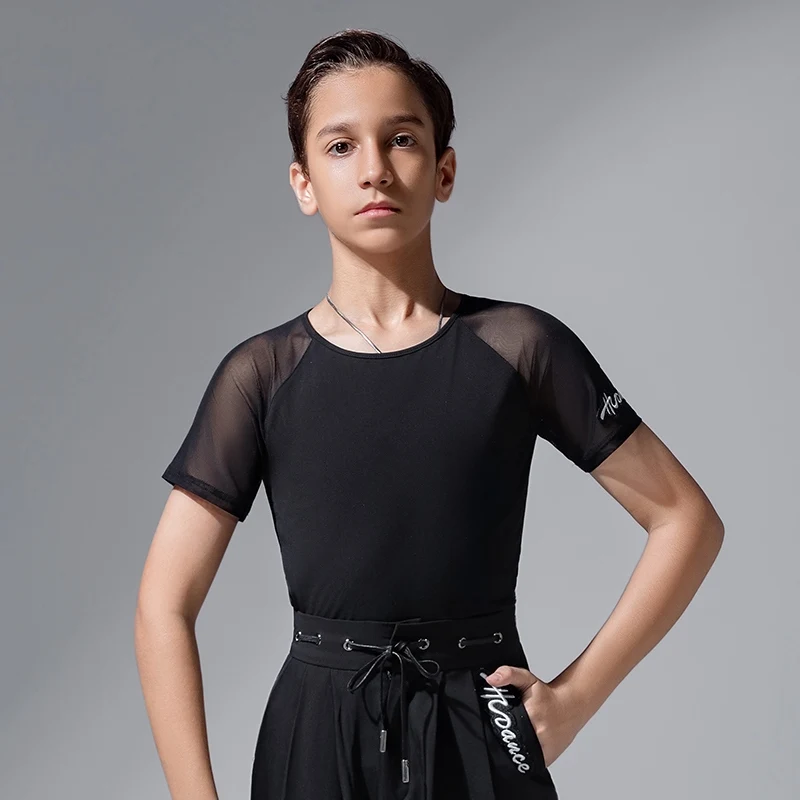 

2025 детские топы для латинских танцев, сетчатая одежда с короткими рукавами для мальчиков, тренировочная одежда для чача, румбы, танго, бальные костюмы для латинских танцев DN21504