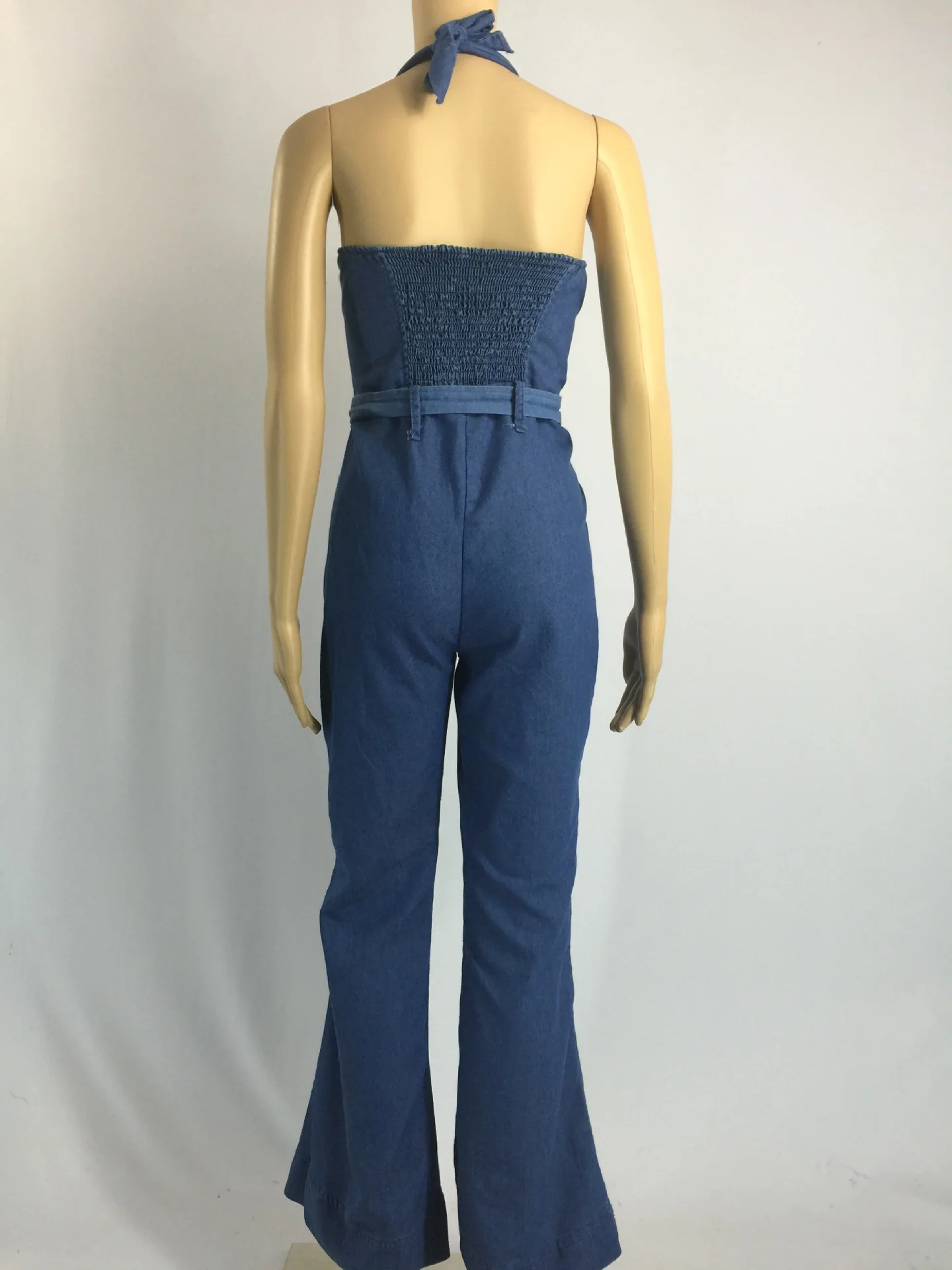 Vrouwen Een Stuk Solid Denim Jumpsuits Mouwloze V-hals Rompertjes Wijde Pijpen Lange Broek Overalls Sexy Slim Fit Hight Taille 2024