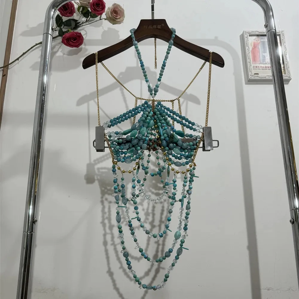 Women's Handmade Turquoise Lavender Multi-Stone Beaded Body Chain Backless Neck Beaded Bustier Bikini Tankini Swimwear Lingeie