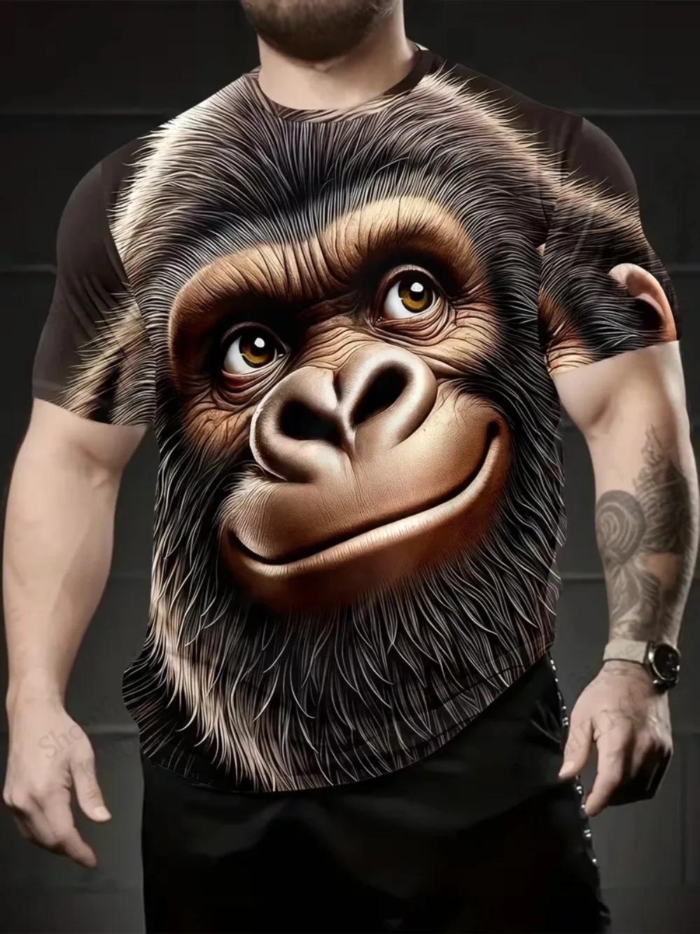 Lustiges T-Shirt mit Küssendem Affen-Motiv für Männer, 3D-Druck, Parodie-Gorilla, Schnelltrocknend, Atmungsaktiv, Unisex Kurzarm-Oberteil – Detail 9