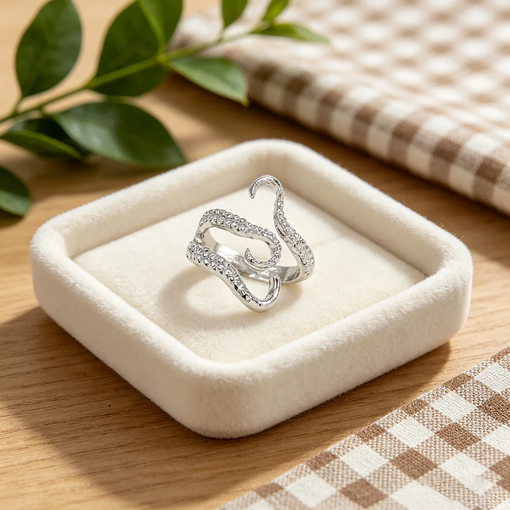 Adjustable Octopus Tentacle Ring, Silver Plated Ocean Gothic Jewelry, Open Wrap Sea Animal Statement Ring for Men Women