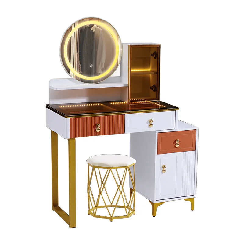 Home Furniture Hot Sale Woman Dressing Table with Round Mirror Wholesale Price Custom Storage Dresser Set with Light for Bedroom