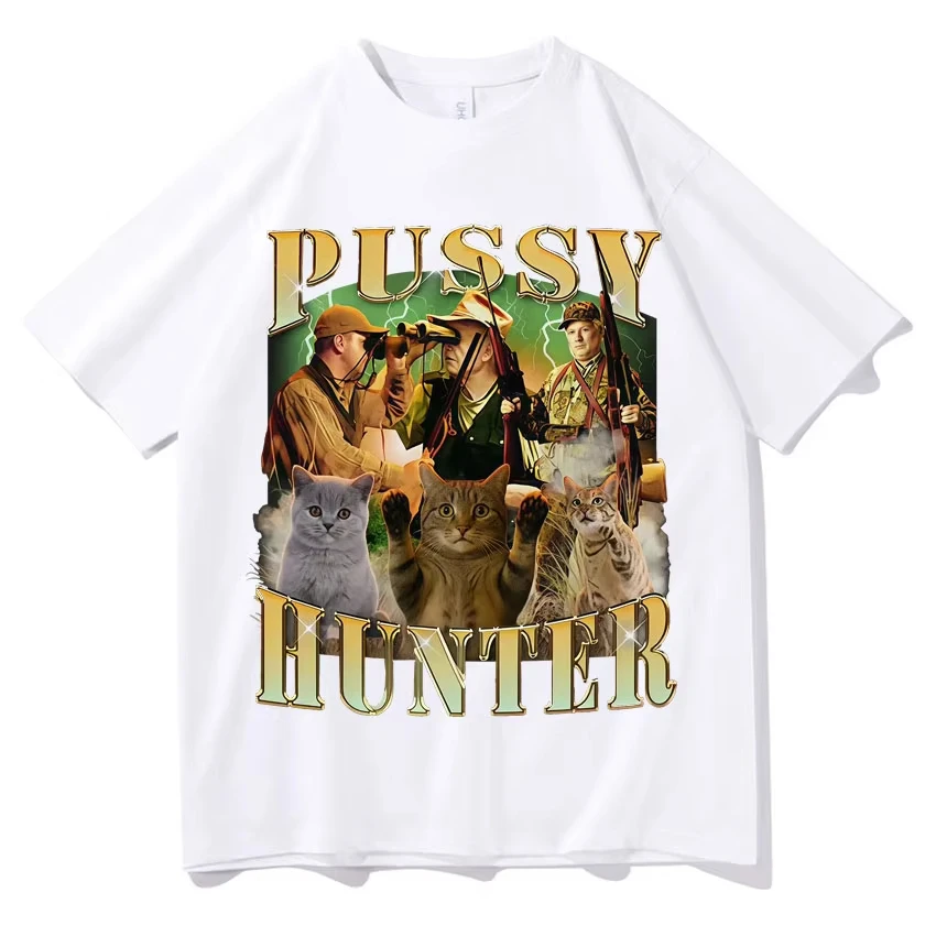 Pussy Hunter Lustige Meme-Katzen-T-Shirts für Männer und Frauen, Lässiges Baumwoll-T-Shirt, Modisches Vintage-Kurzarm-Oversize-T-Shirt, Streetwear – Detail 4