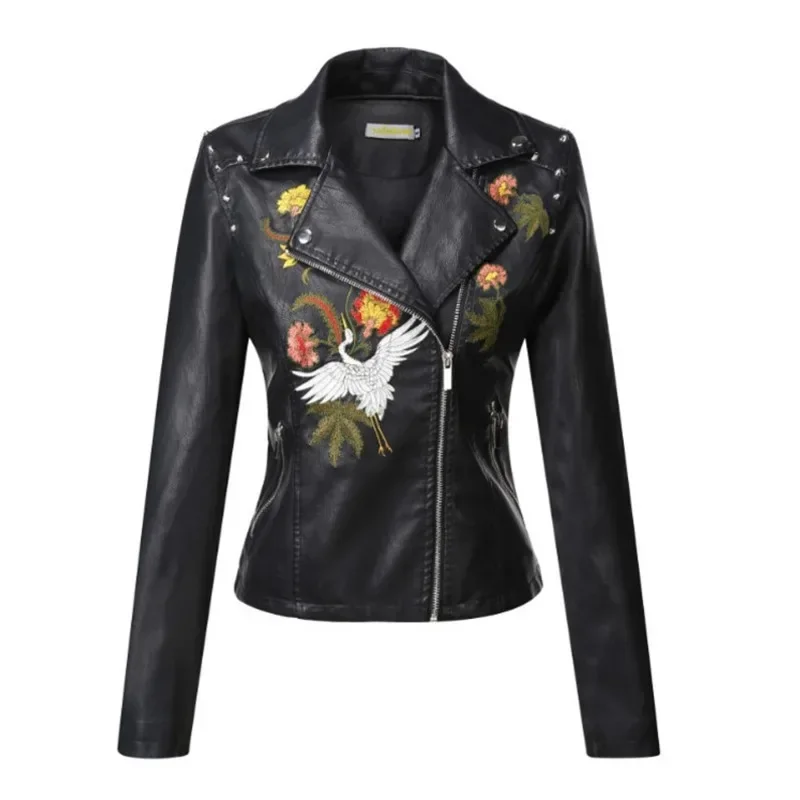 New Autumn Flowers Embroidery Pu Leather Jacket Women Turn-down Collar Rivet Zipper Black Biker Coats Tops Clothes Ropa De Mujer