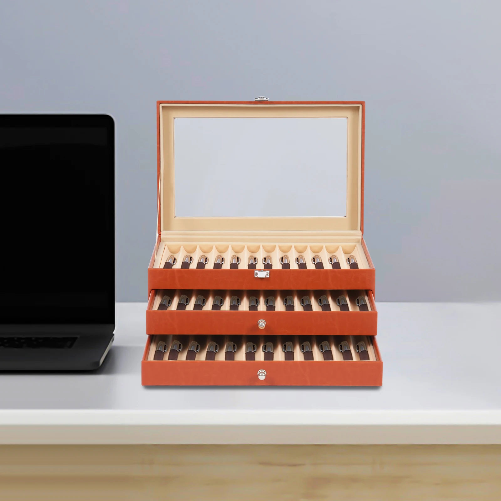 Retro Rectangular Pen Display Box 3-Tier Orange Pen Display Case 36 Slots Holder Leather Storage Collector Organizer Box